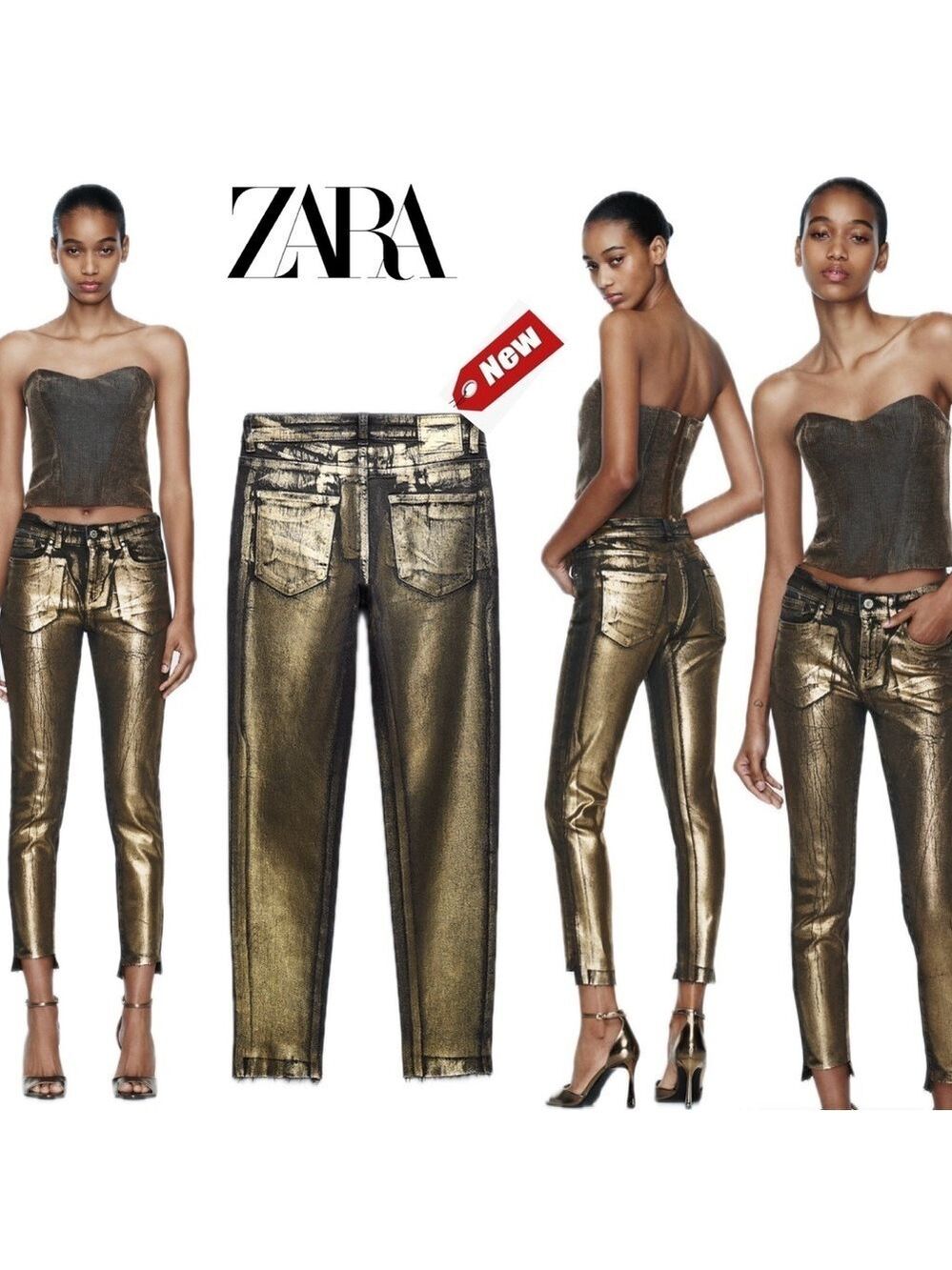 Zara gold metallic liquid foil mid rise skinny jeans 4 NWT bloggers fave